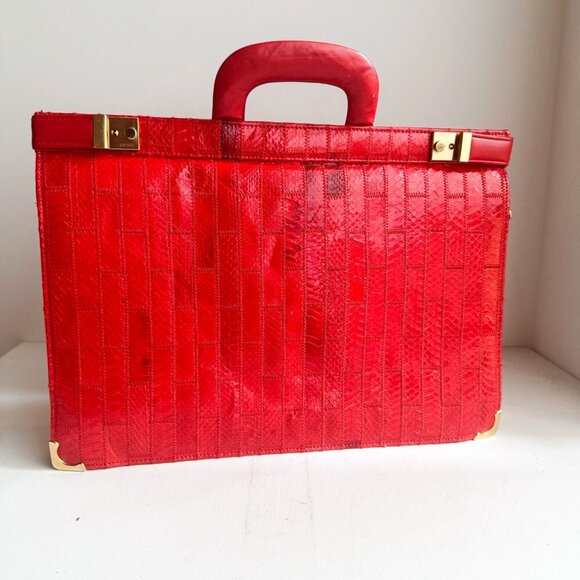 Vintage Amiet Patchwork Snakeskin Bright Red Briefcase Office Document Case - Picture 1 of 8